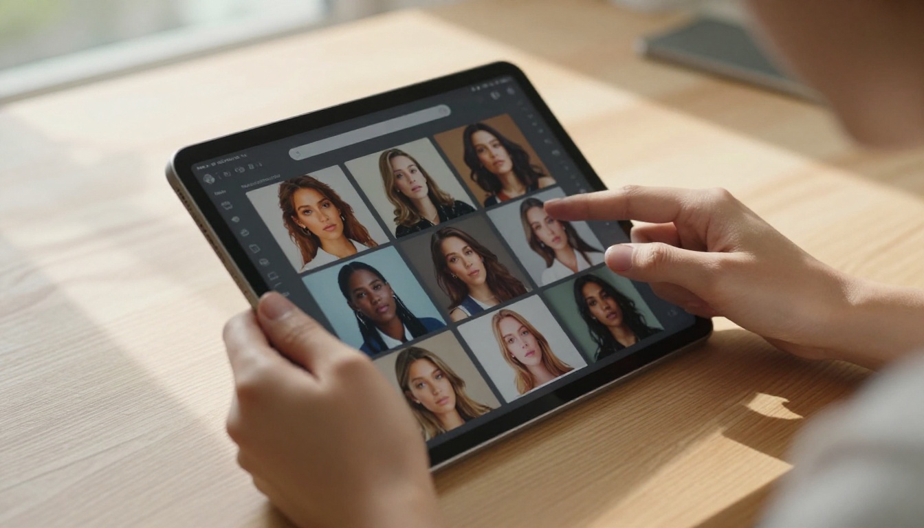 AI content creator reviewing visual content on a tablet
