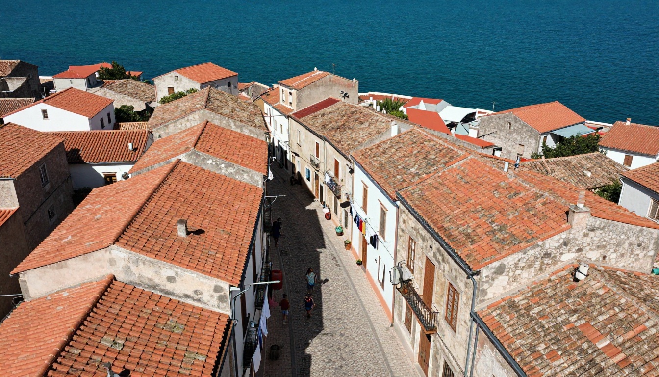 Aerial view of Mediterranean coastal town rooftops from above