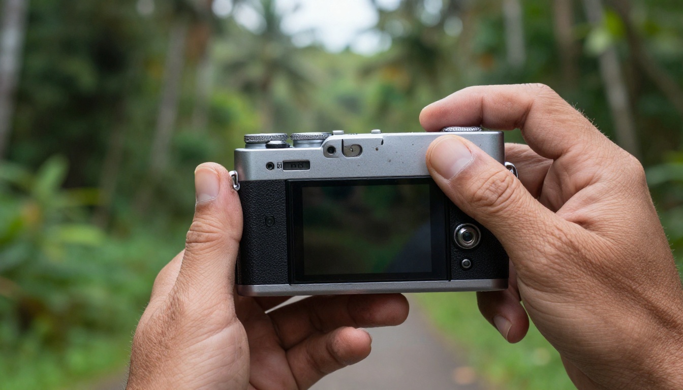 Traveler's hands holding a mirrorless camera on a tropical forest trail