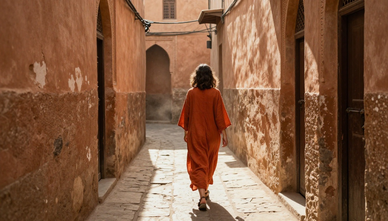 Female traveler in orange dress walking through North African medina alleyway
