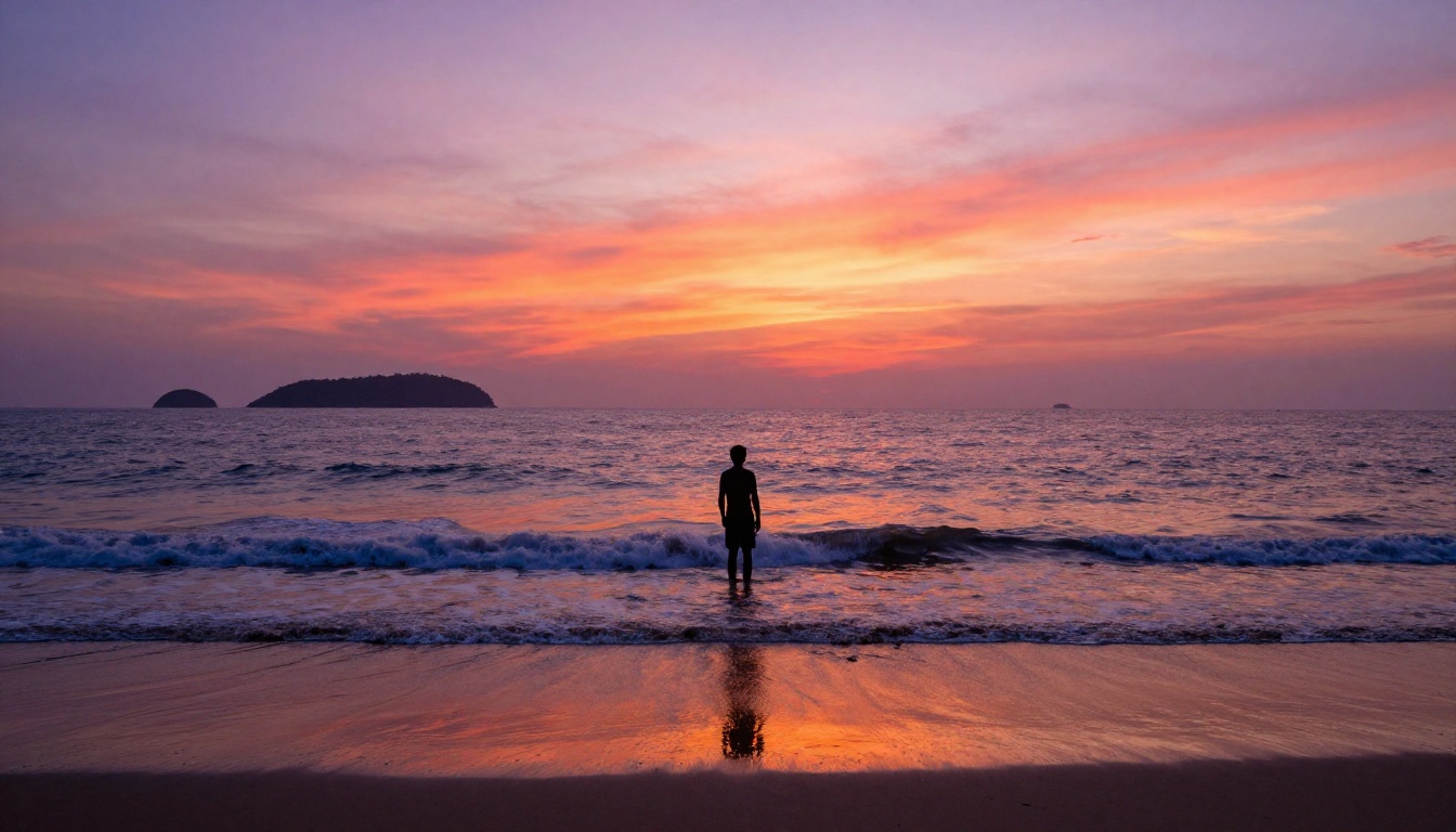 Male traveler silhouette standing in ocean waves at sunset