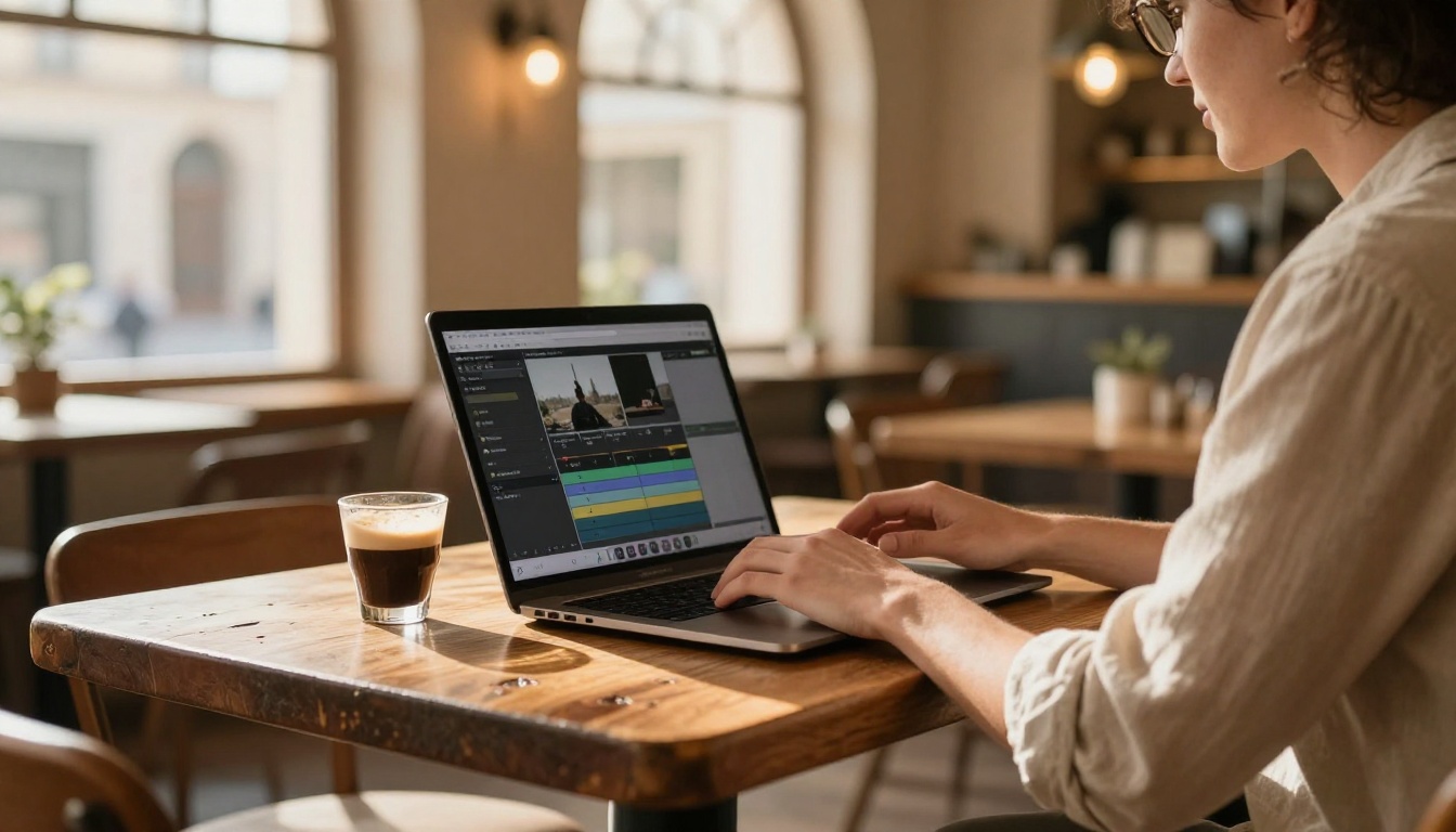 Travel content creator working on laptop in sunlit European cafe