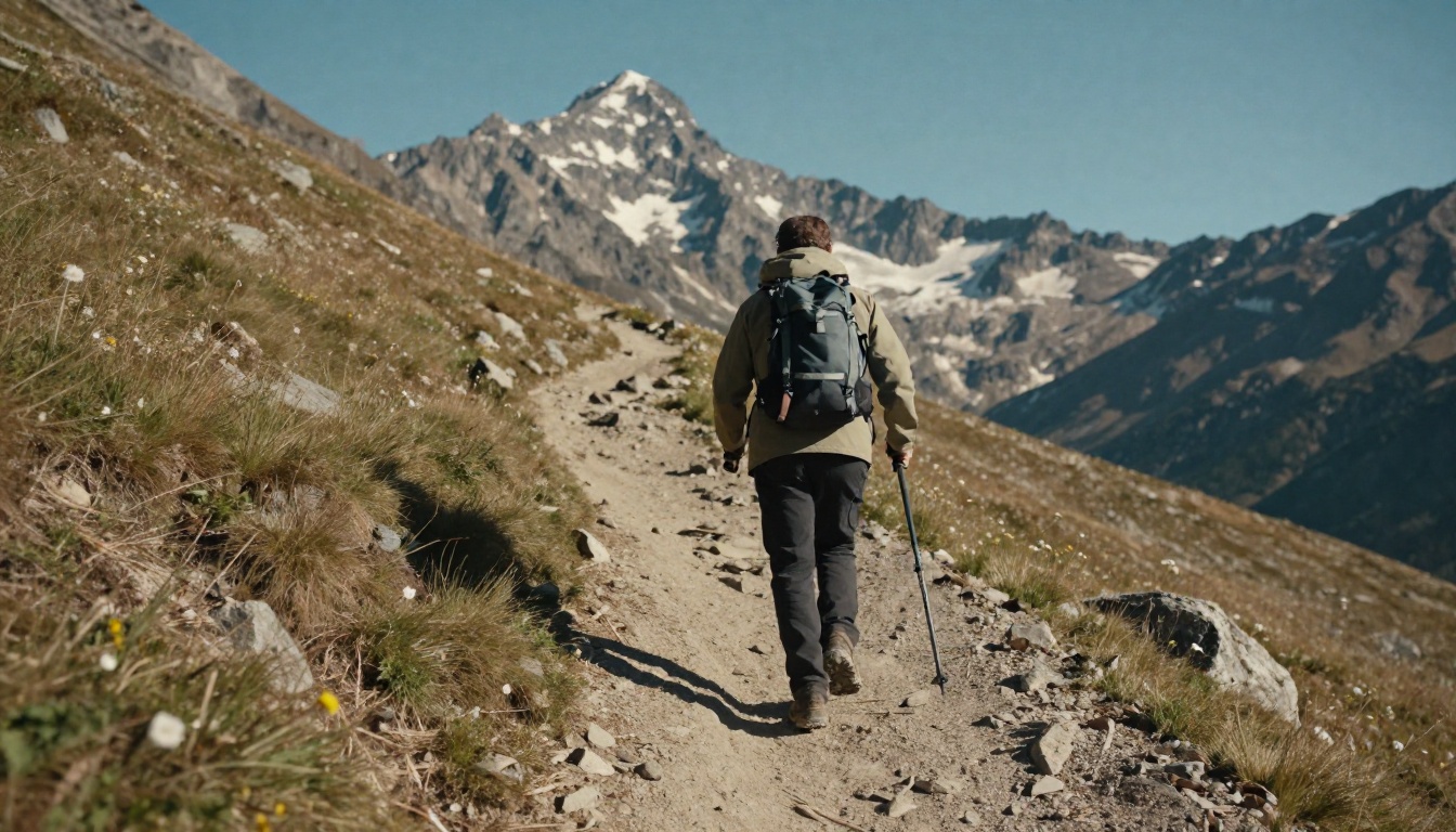 Hiker on dramatic alpine trail with snow-dusted mountain peaks Hiker on dramatic alpine trail with snow-dusted mountain peaks