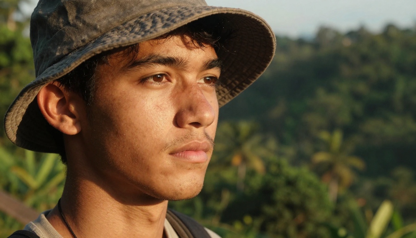 Close-up portrait of sun-bronzed male traveler at scenic overlook Close-up portrait of sun-bronzed male traveler at scenic overlook