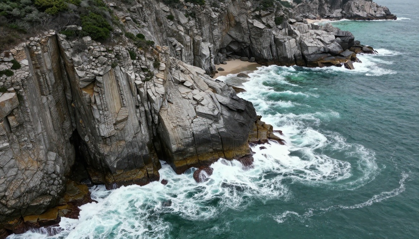 High aerial view of rugged ocean coastline with dramatic cliff faces High aerial view of rugged ocean coastline with dramatic cliff faces