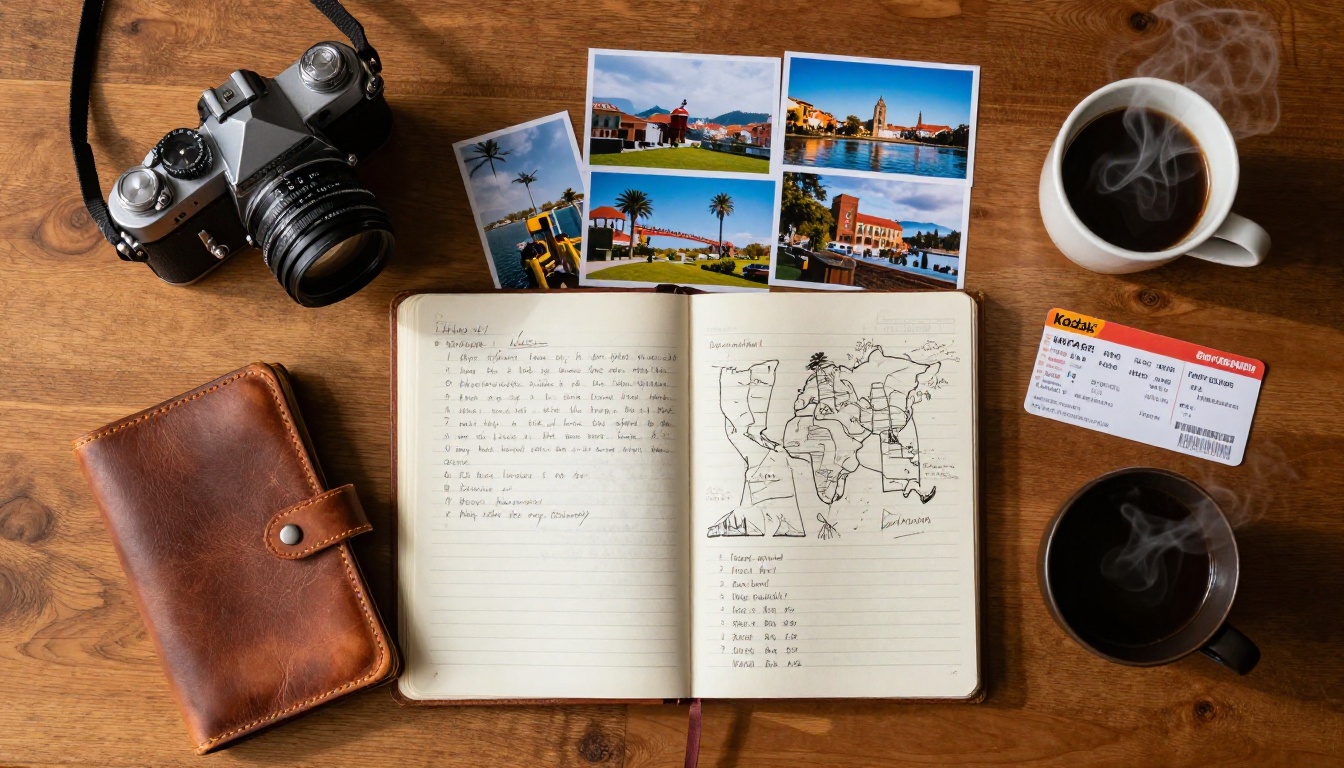 Travel photography flat lay with journal, film camera, and coffee Travel photography flat lay with journal, film camera, and coffee