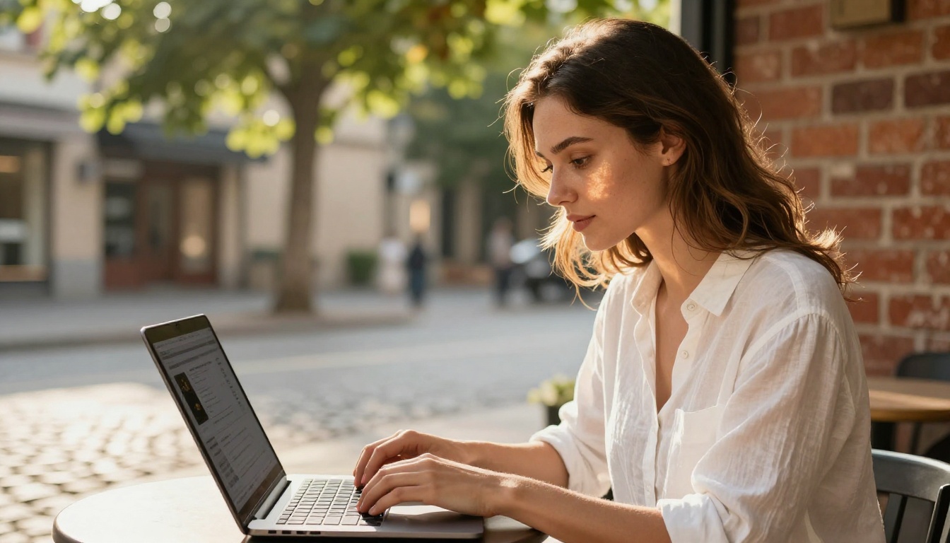 Female entrepreneur working at outdoor cafe with warm morning light