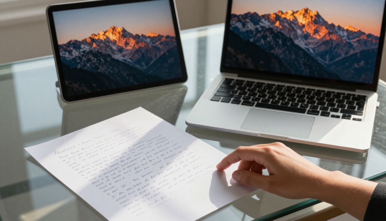 A woman at a creative studio workspace watches in amazement as an AI text-to-image tool renders a mountain scene from her typed description, warm golden afternoon light illuminating her desk
