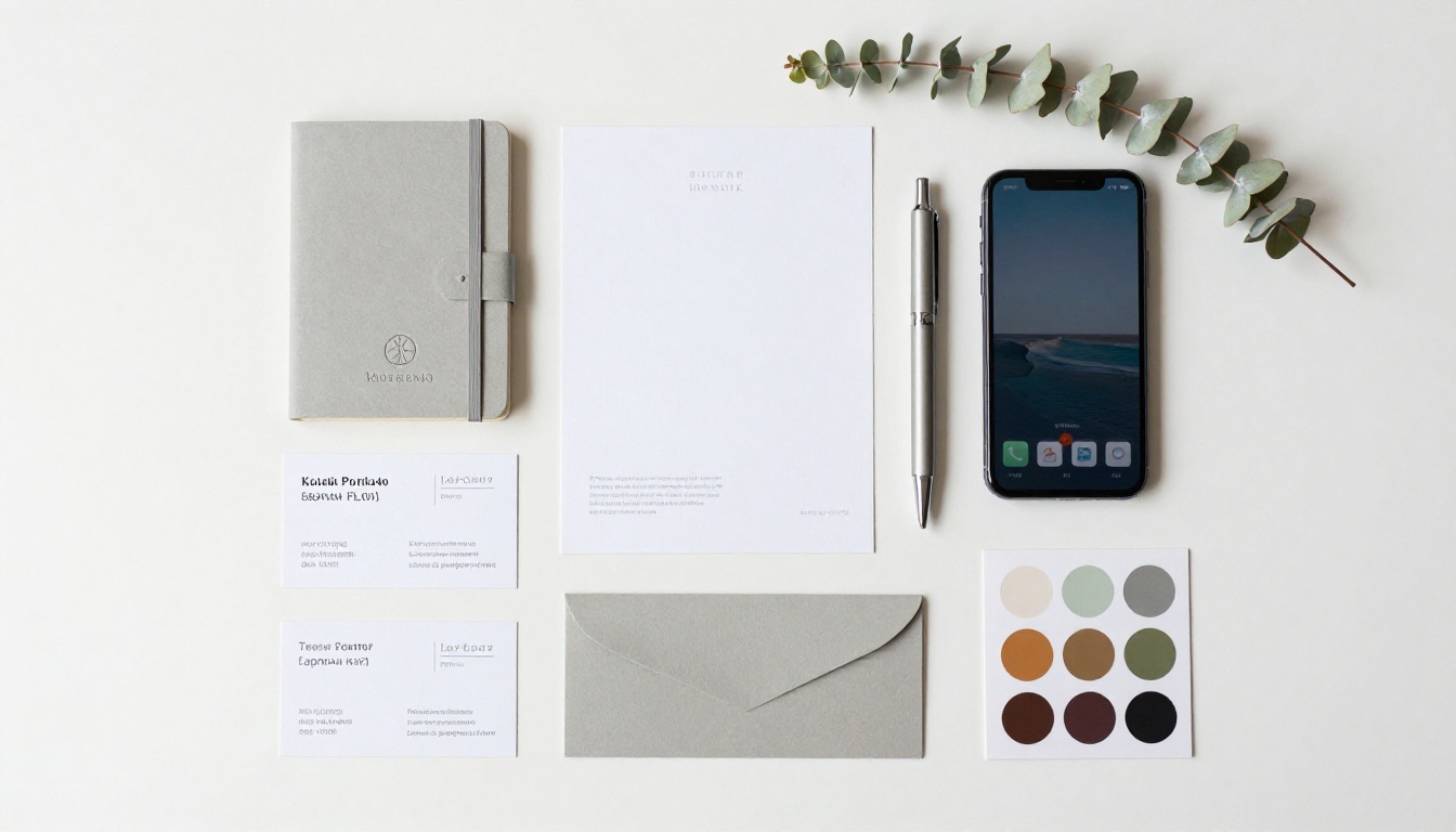 Brand identity flatlay on white desk