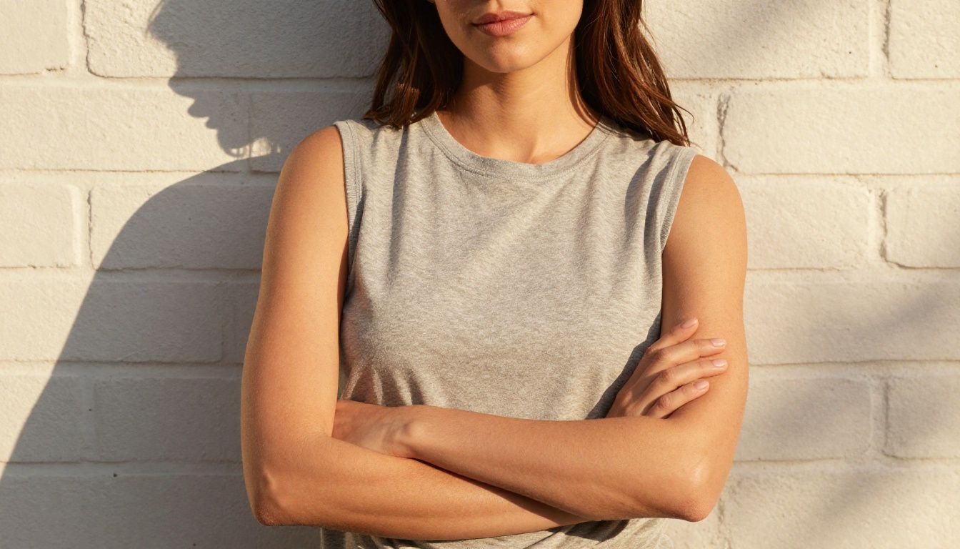Lifestyle brand apparel model against sunlit white brick wall