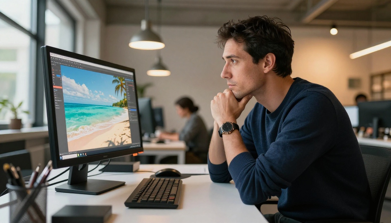 A creative director in a modern studio analyzes a photorealistic AI-generated tropical beach image on his monitor, deep in thought with side window light illuminating his face