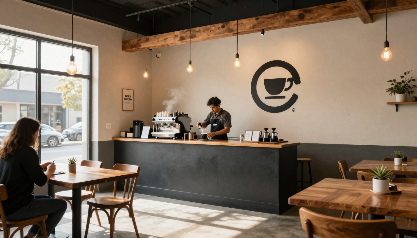 Artisan coffee shop brand identity with custom logo on wall