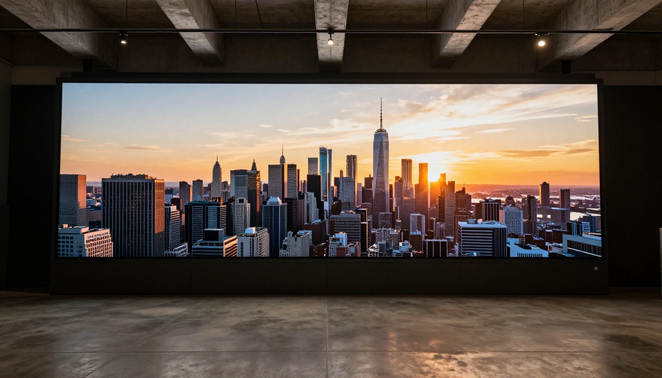 A large freestanding display screen in a modern studio shows a side-by-side text prompt and AI-generated city skyline comparison, dramatic low-angle shot with track lighting above