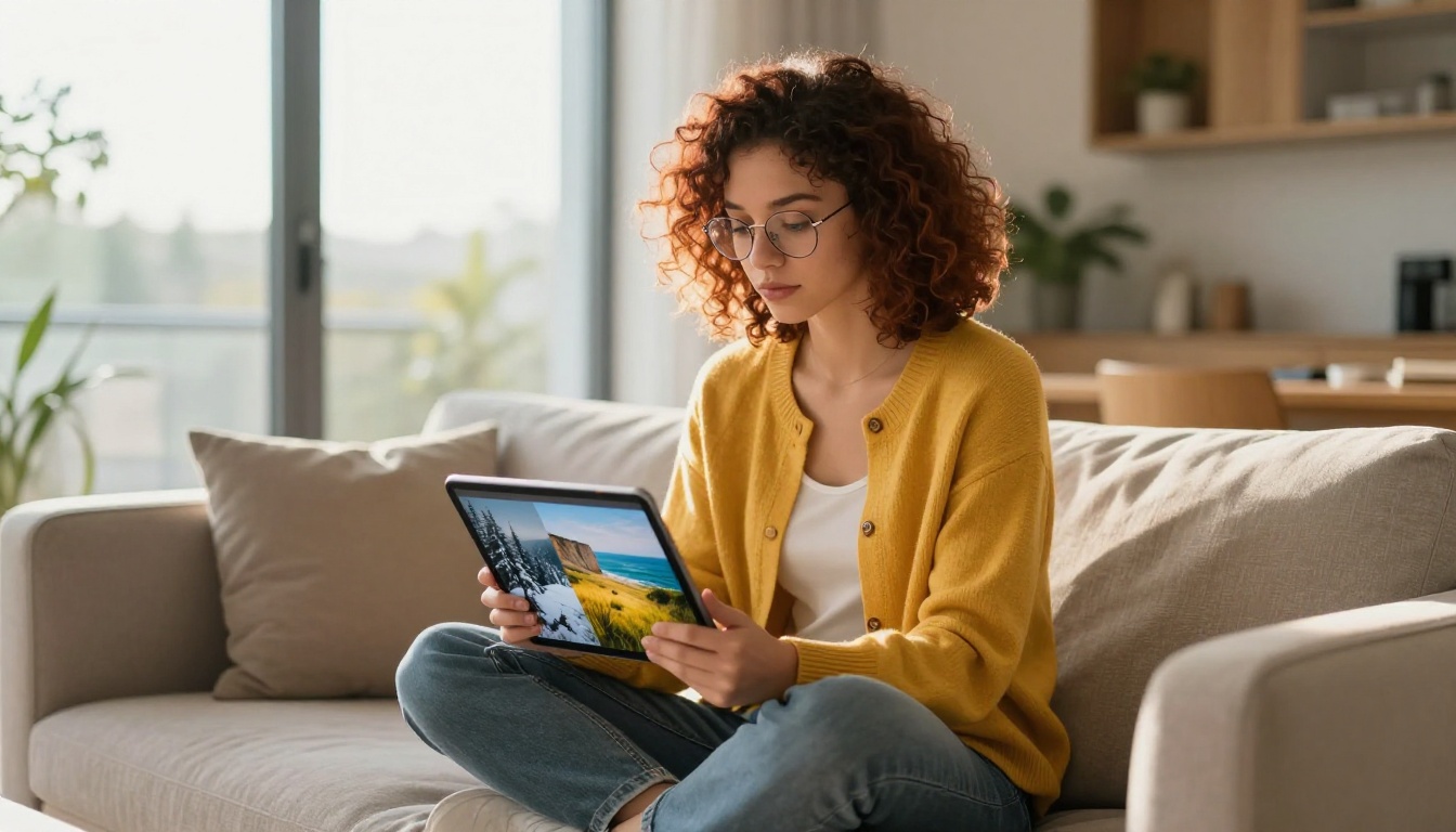 A young woman with curly auburn hair and wire-frame glasses sits cross-legged on a couch, her tablet displaying a gallery of AI-generated photorealistic landscapes she created, warm afternoon light streaming through sliding glass doors behind her