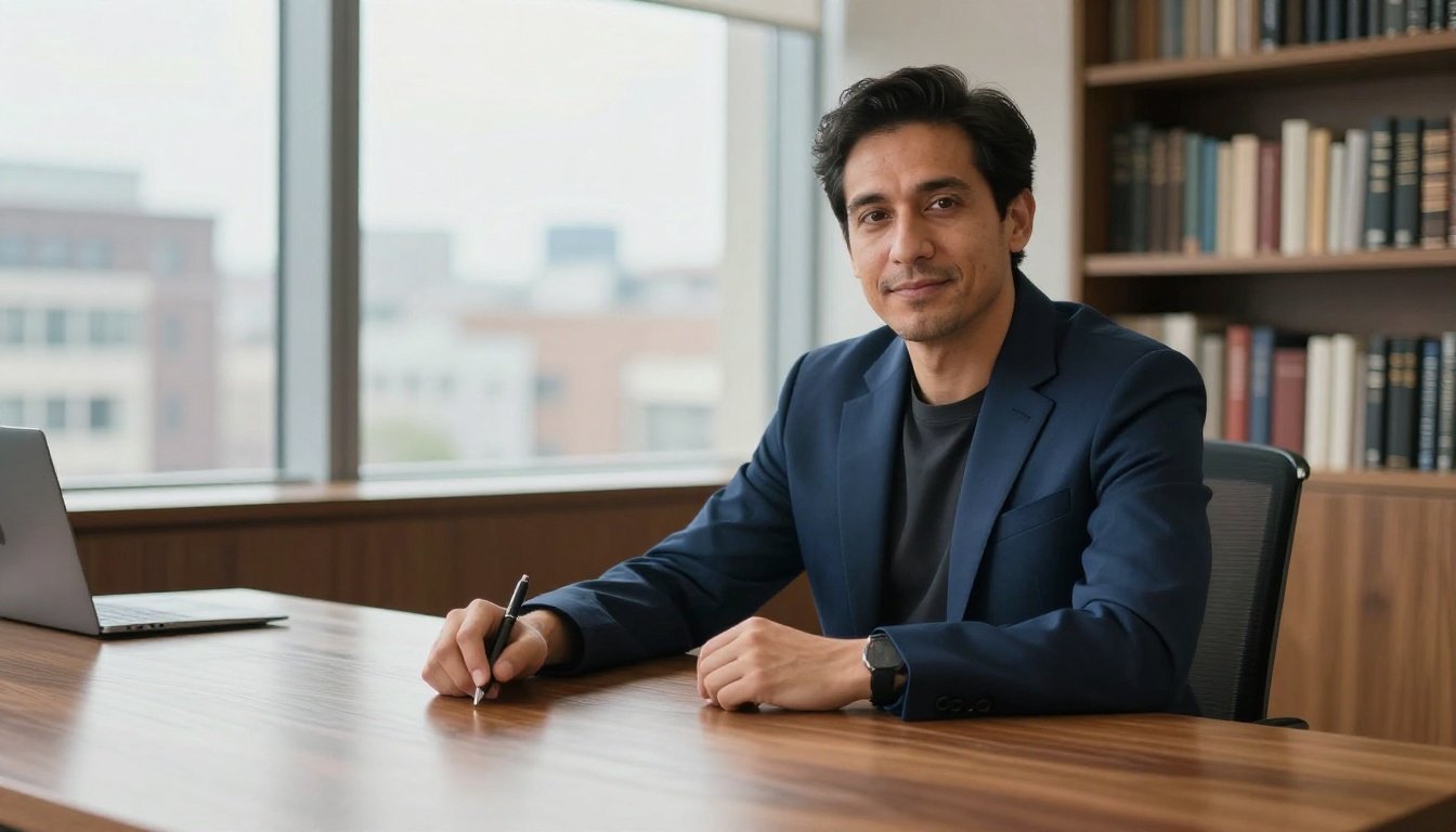Professional male executive portrait at polished oak desk