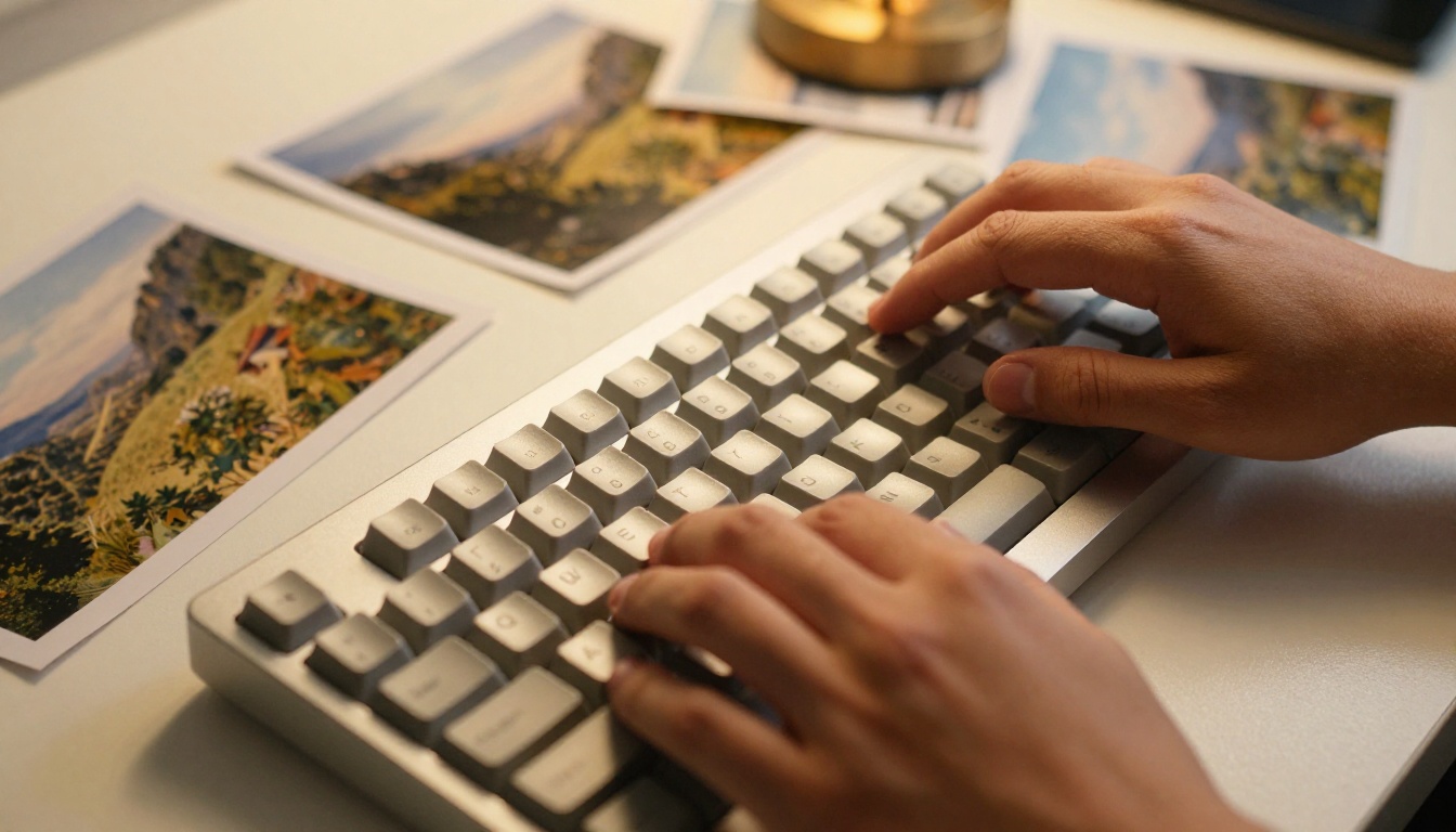 Hands typing on a mechanical keyboard with scattered printed AI-generated landscape photographs nearby, warm lamp light creating specular highlights on key surfaces, macro shot with extremely shallow depth of field