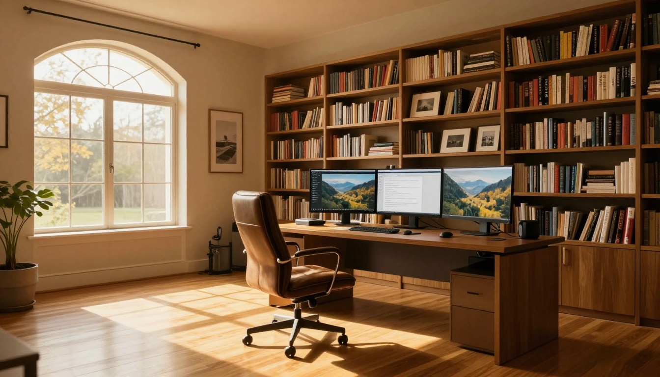 A spacious contemporary home office with two ultrawide monitors showing a text prompt interface and an AI-generated landscape result, warm golden afternoon light streaming through a large arched window