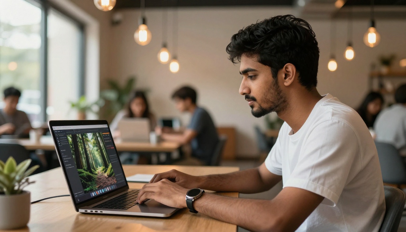 A young South Asian man with a neat beard sits at a bright co-working space, his face illuminated by a MacBook screen showing an AI text-to-image interface with a forest scene, warm Edison bulb pendant lights in the background