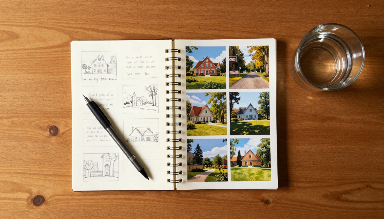 Overhead flat-lay of a creative workspace with a spiral notebook filled with handwritten scene descriptions, a fine-tip pen, and a printed grid of six photorealistic AI-generated images on warm aged oak surface