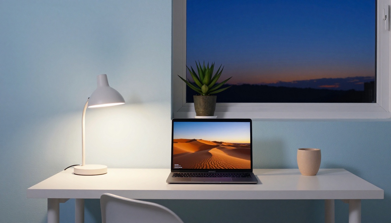 A minimalist bedroom home office nook at dusk with a white desk holding a laptop showing an AI image generation interface with a completed sunset desert landscape, twilight sky visible through the window behind