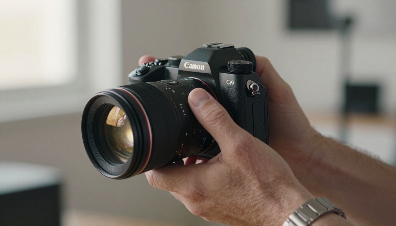 A photographer's hands holding a mirrorless camera with a prime lens, detail shot showing grip texture and camera controls in soft studio light