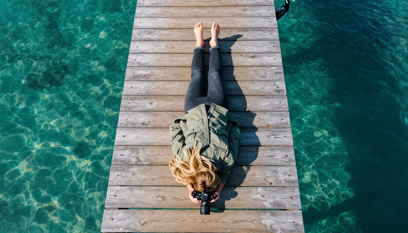 Aerial perspective looking straight down at a female photographer lying on a weathered wooden pier over turquoise water, shooting along the worn planks