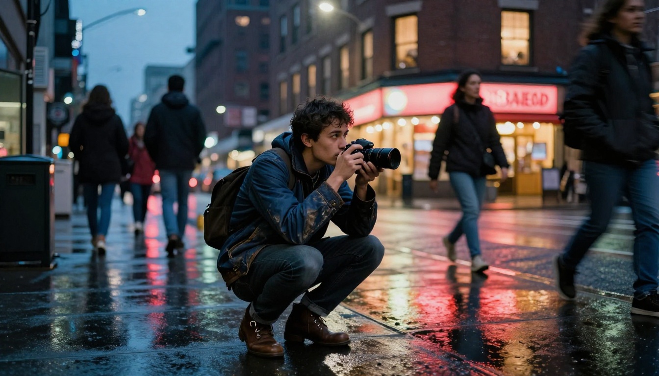 Low-angle ground-level shot of a young male street photographer crouching on a rain-slicked city sidewalk at twilight, puddles reflecting warm ramen shop light