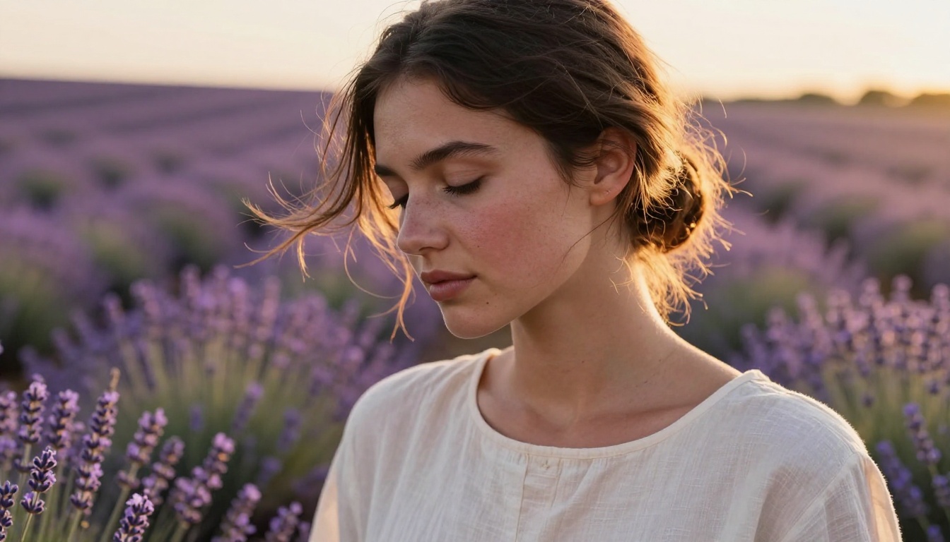Close-up portrait of a young woman in a field of blooming lavender at golden hour, shot at 85mm f/1.2 with warm rim light and soft purple bokeh background