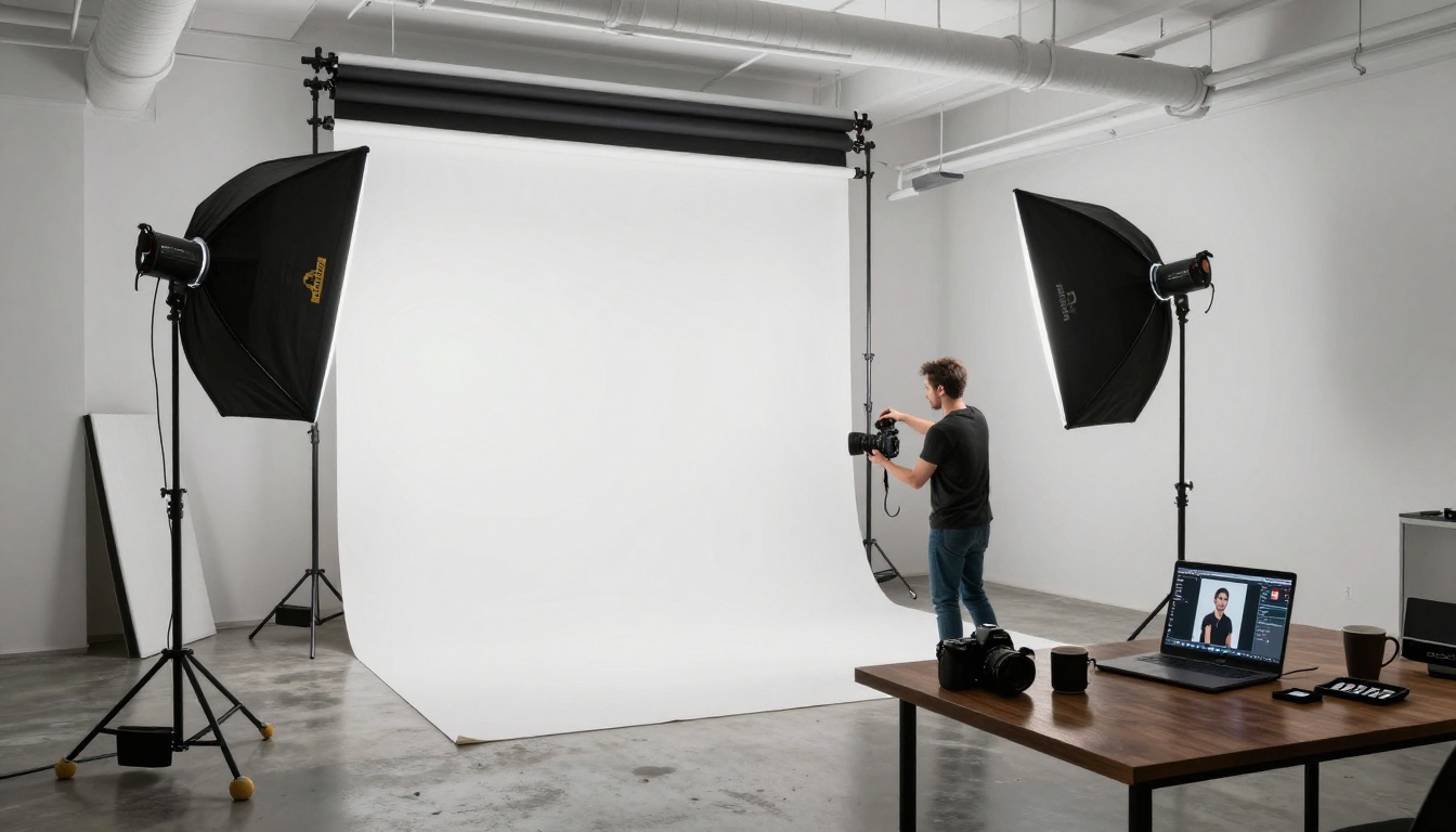 A professional photo studio with large octabox softboxes, white seamless backdrop, and equipment arranged for a portrait session