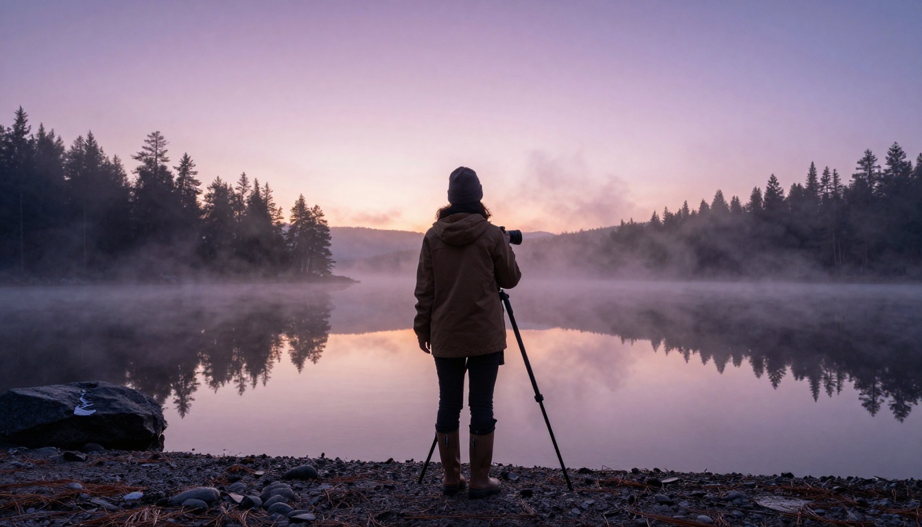 A female landscape photographer at dawn standing at the edge of a misty mountain lake, her silhouette against a pastel blush and lilac sky, camera on a heavy tripod