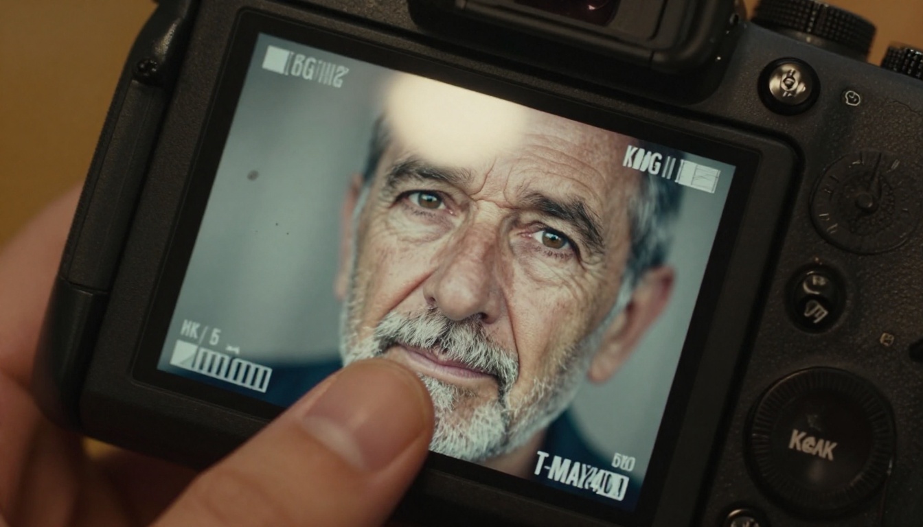Extreme close-up macro of a camera LCD screen displaying a freshly captured portrait of an elderly man, photographer's thumb adjusting a dial at the edge of the frame