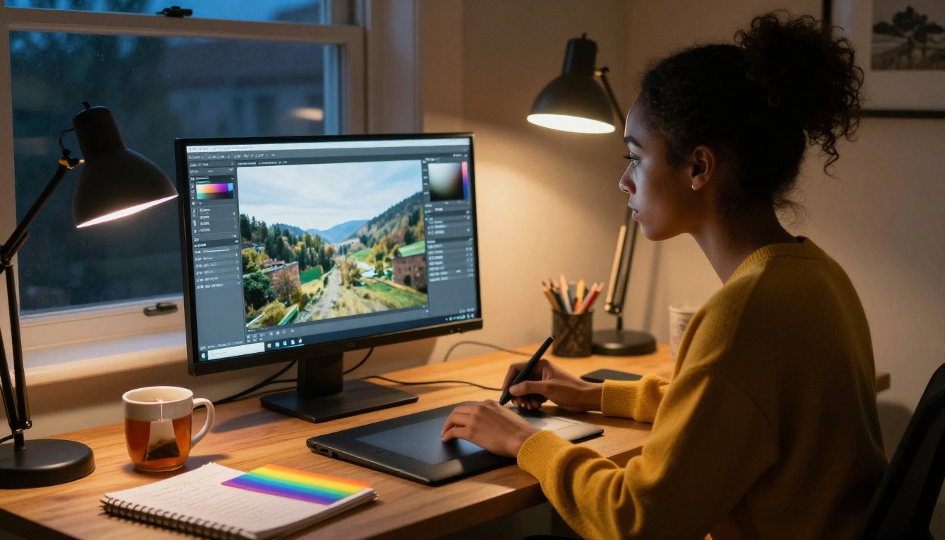 A photographer with natural hair and mustard sweater editing images at a color-calibrated monitor in a warm home office, Wacom tablet and ceramic tea mug on the desk