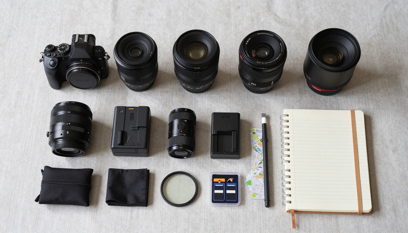 Overhead flat-lay of a photographer's bag contents on linen surface: mirrorless camera body, three prime lenses, spare batteries, SD card case, lens filters, cleaning kit, and a worn notebook