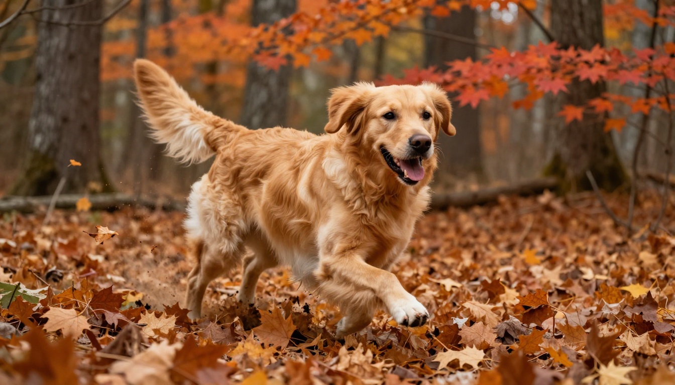 Golden Retriever running through autumn leaves in New England forest