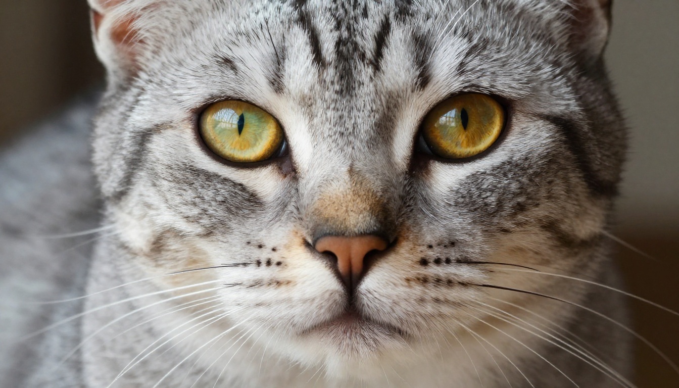 Tabby cat close-up with detailed whiskers and iris texture