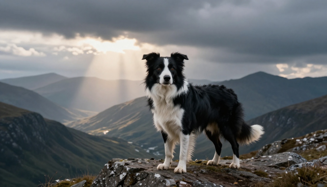 Border Collie on Scottish highland ridge with dramatic mountain panorama