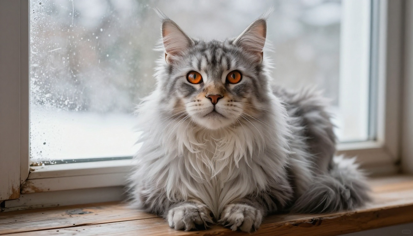 Maine Coon cat with massive chest ruff sitting on weathered wooden windowsill in winter light