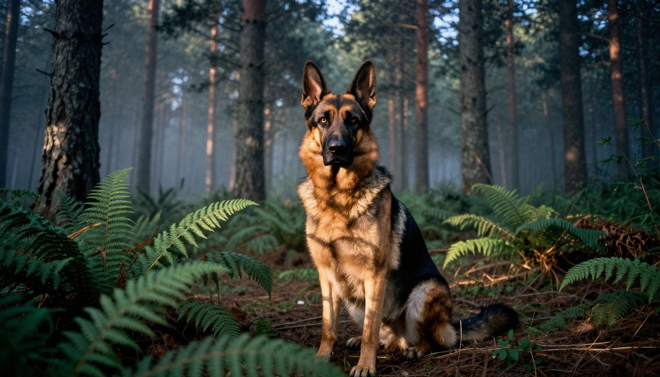 German Shepherd sitting alert in a misty pine forest at dawn