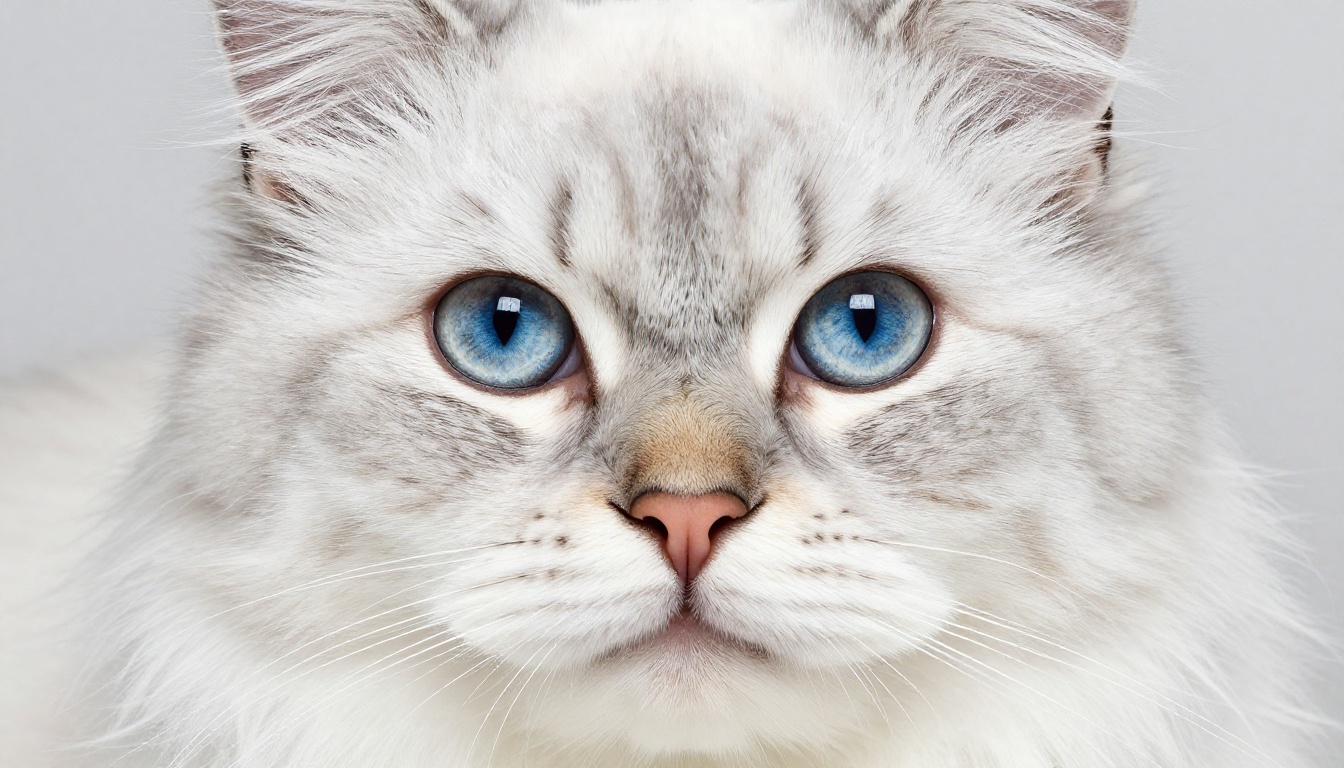 Persian cat with long silver-white fur and deep blue round eyes in high-key studio lighting