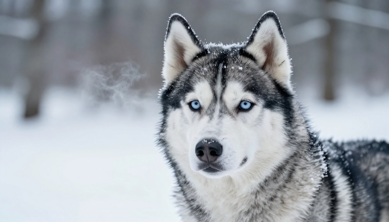Siberian Husky in snow-covered forest clearing with ice crystals on thick double coat