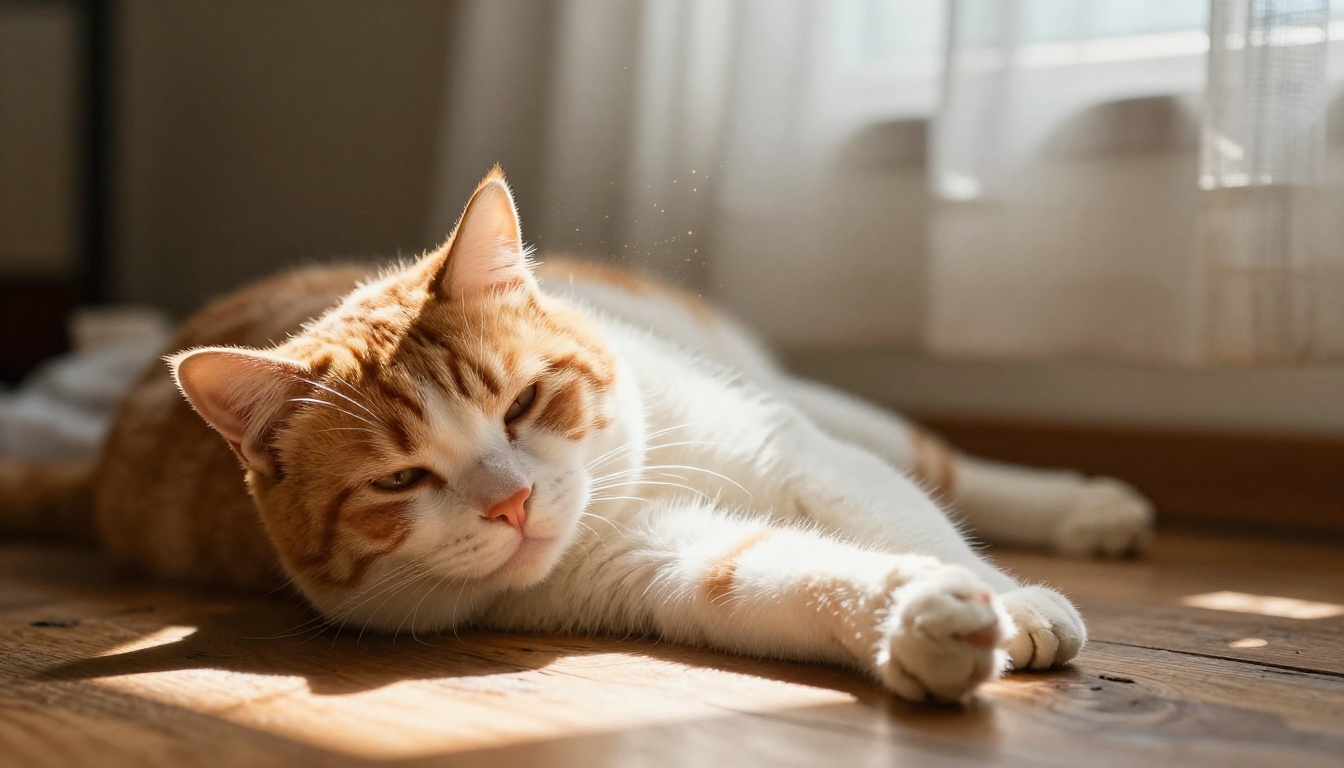 Orange and white tabby cat lying in a sunbeam on rustic wooden floor