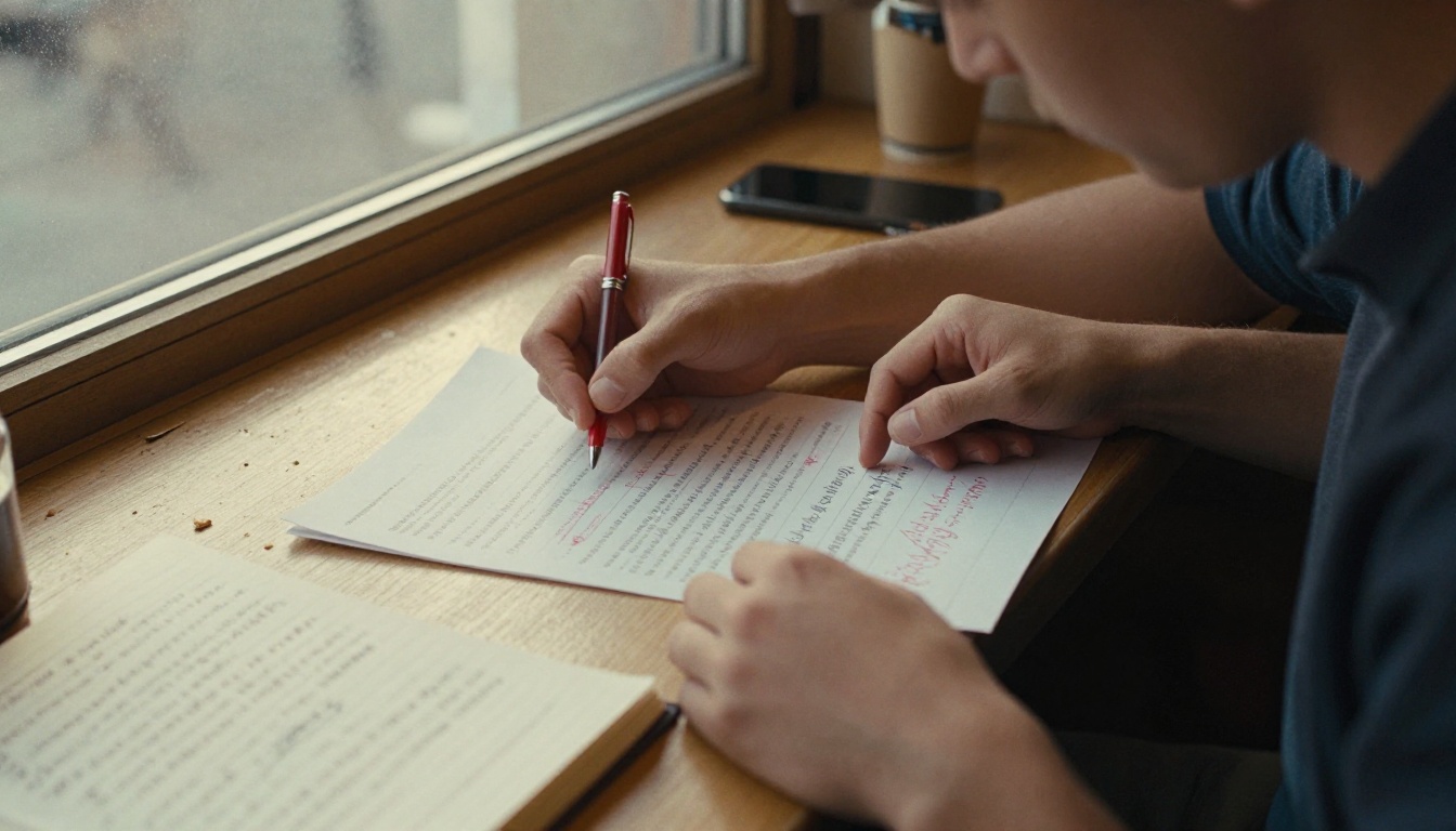 Content creator with printed pages and annotations in a coffee shop