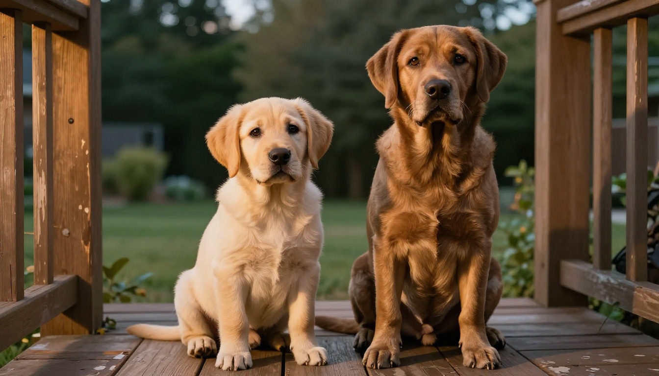 Labrador Retriever puppy and adult chocolate Lab sitting side by side on wooden porch at dusk