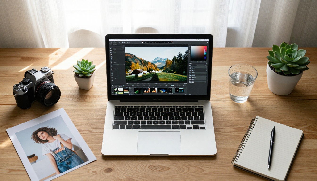 Aerial view of a creative workspace with laptop, camera and notebooks