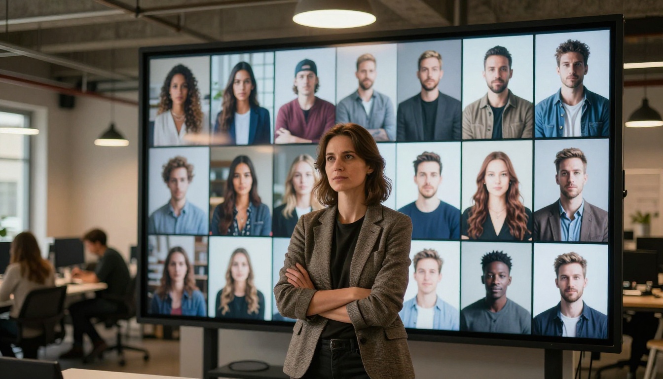 Creative director reviewing a grid of portrait images on a large monitor
