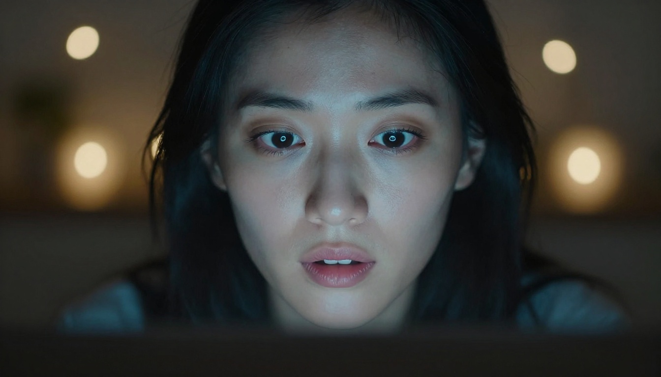 Woman's face illuminated by soft laptop screen light in a dark room
