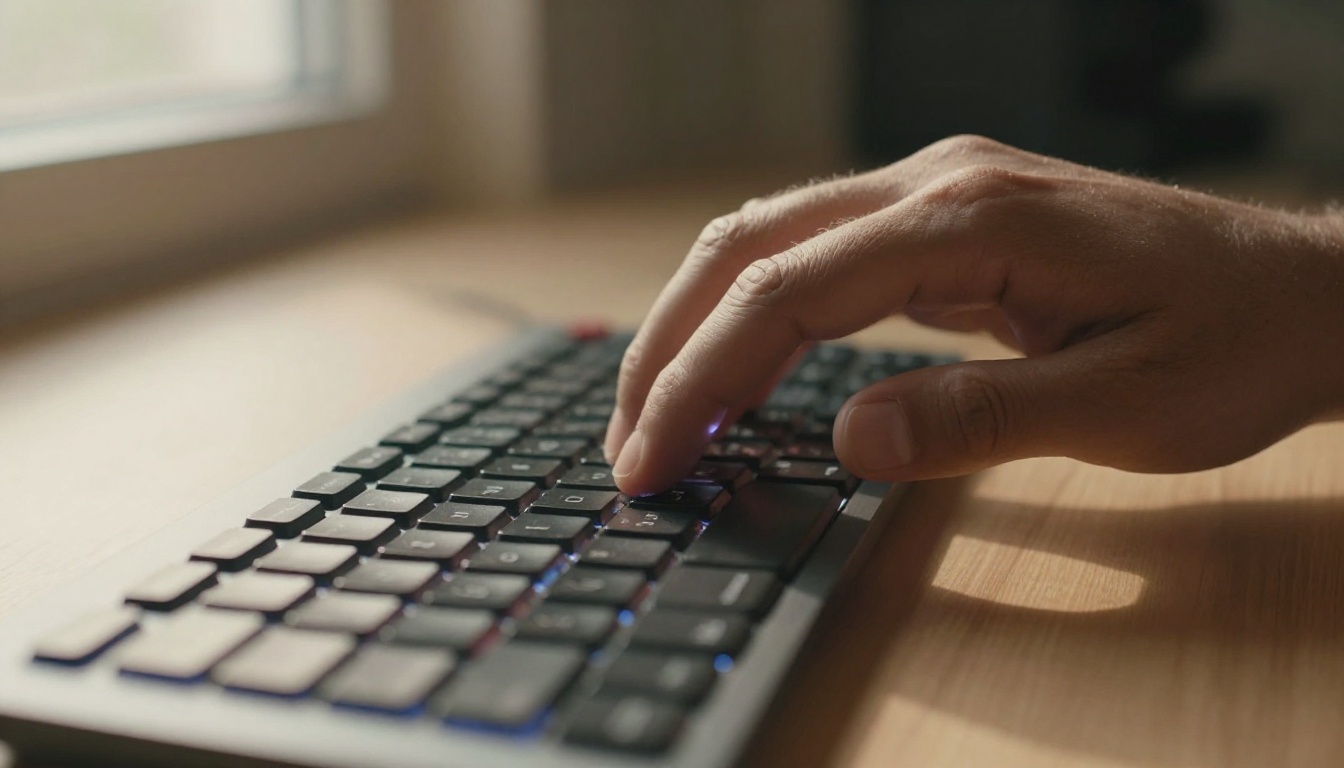 Close-up of a filmmaker's hands on a mechanical keyboard, morning light streaming from the left window