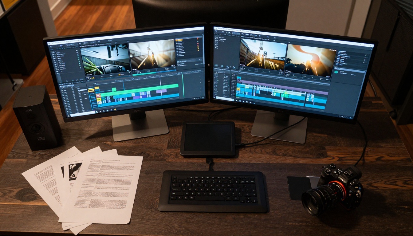 Aerial top-down view of a modern video editing suite with dual monitors and a professional timeline