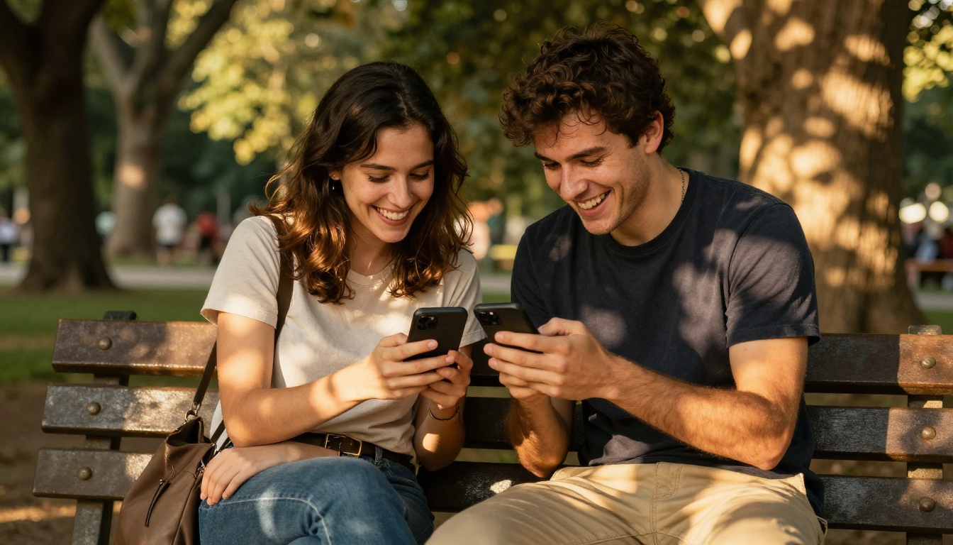 Friends laughing together looking at a phone in a sunny park Friends laughing together looking at a phone in a sunny park