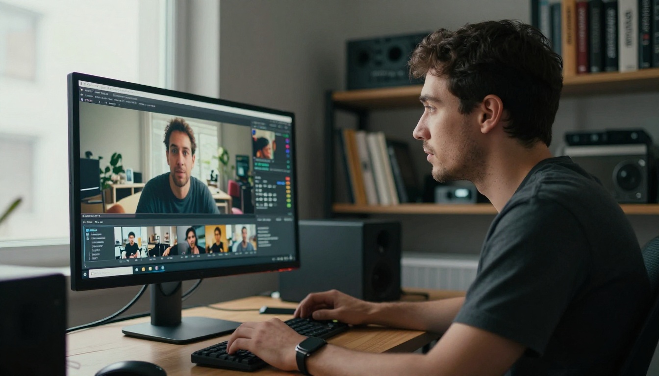 Low-angle view of a content creator reviewing video playback at a professional workstation